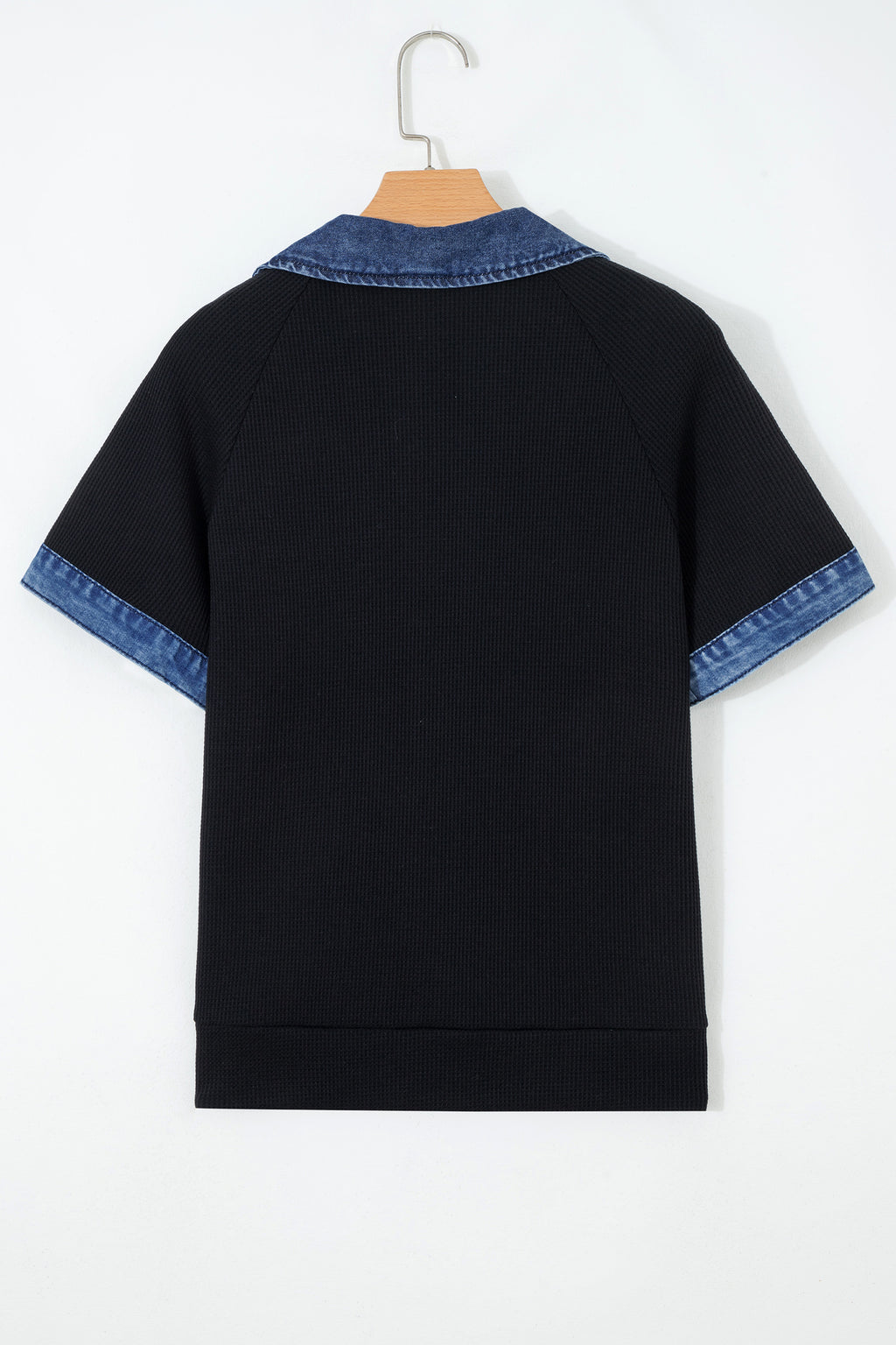 Black Waffle Knit Denim Contrast Trim Patchwork Button Polo Collar Top