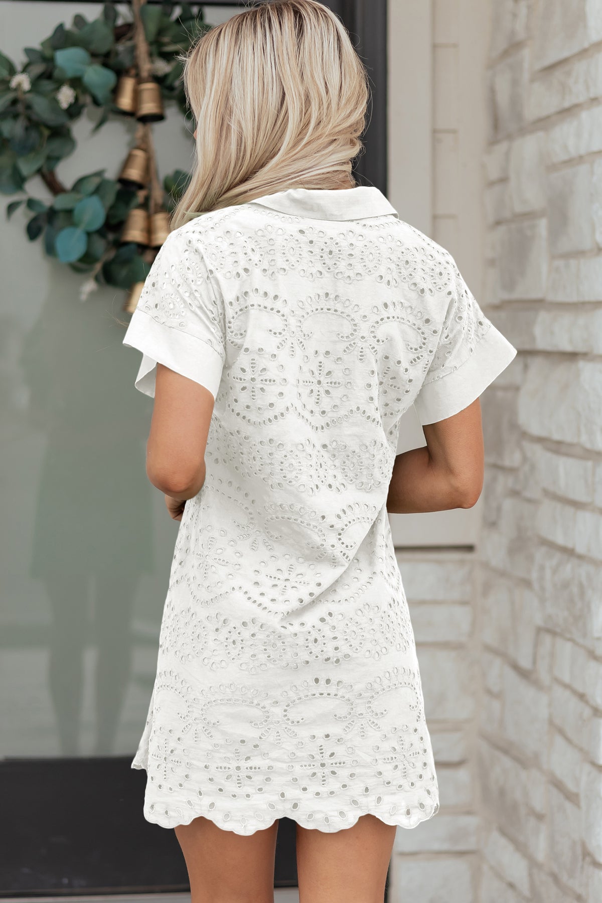 White Solid Color Eyelet Embroidered T Shirt Mini Dress
