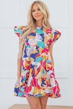 Pink Abstract Printed Ruffled Flutter Sleeve Tiered Mini Dress