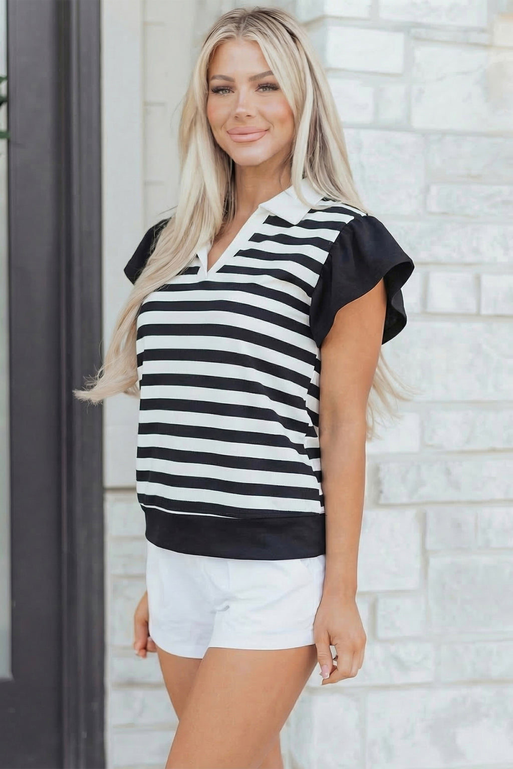 Green Stripe Collar V Neck Ruffled Short Sleeve Blouse