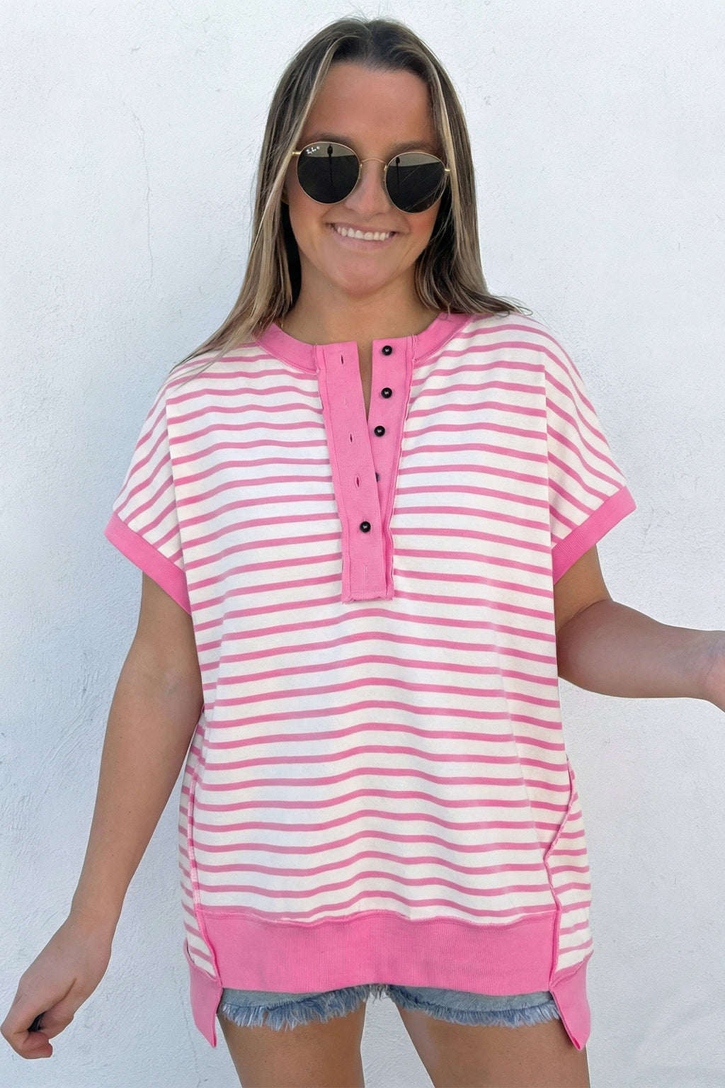 Pink Stripe Half Placket High Low Short Sleeve Top