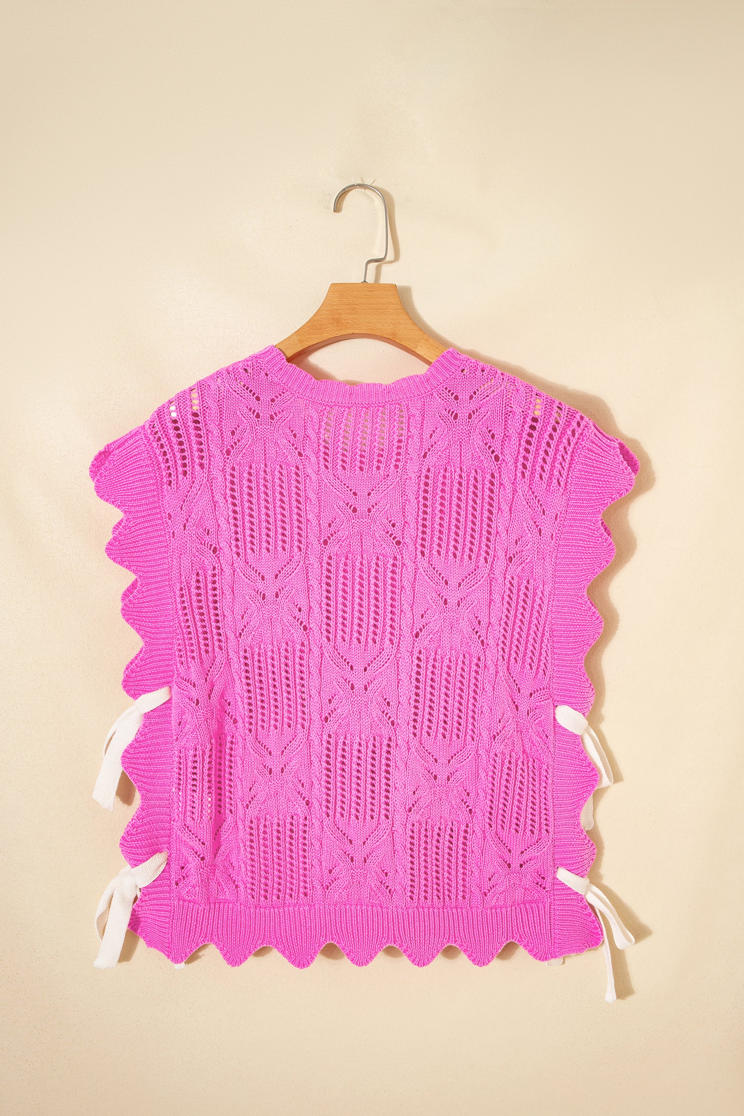 Beau Blue Pointelle Knit Patterned Scalloped Trim Short Sleeve Sweater