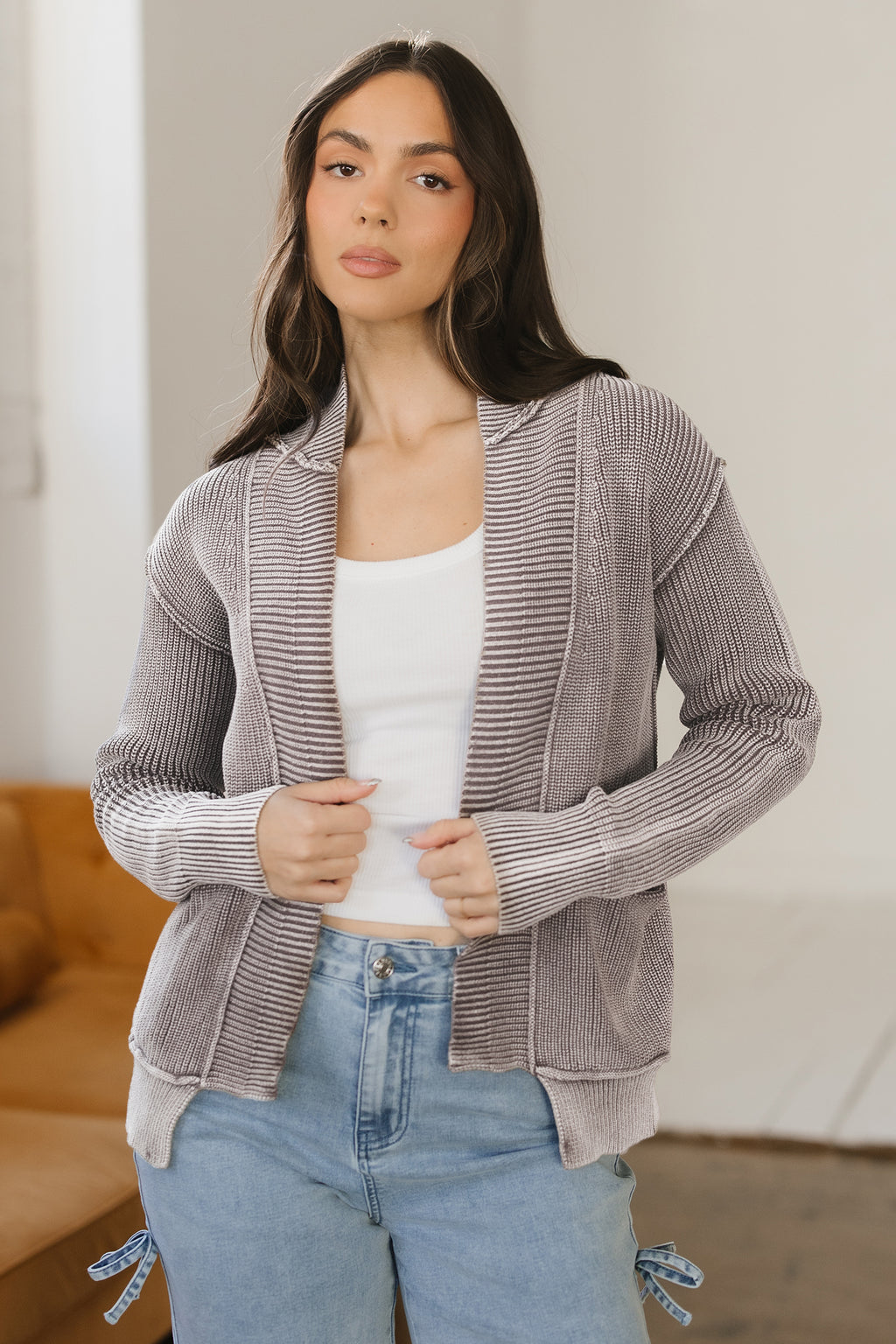 Chestnut Mineral Wash Exposed Seam Patchwork Knit Open Sweater Cardigan