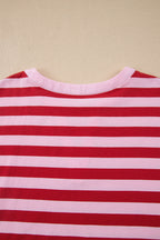 Pink Stripe Split V Neck Casual T Shirt