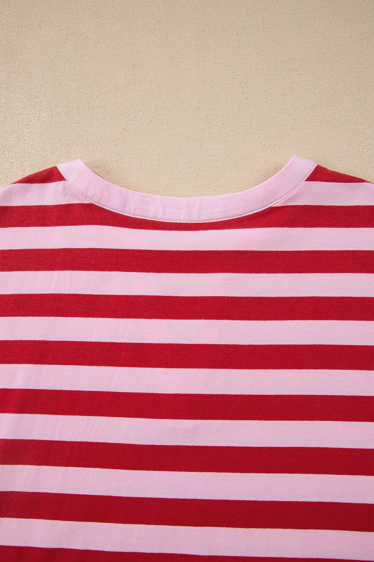 Pink Stripe Split V Neck Casual T Shirt