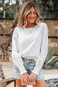 White Eyelet Embroidered Smocked Cuff Sheer Blouse