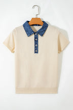 Jet Stream Short Sleeve Knit Denim Patchwork Polo Collar Sweater