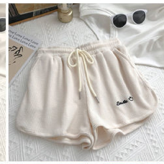 Waffle Knit Sweat Shorts for Women Summer Casual Loose High Waist Home Wear Wide Leg Hot Pants Outerwear