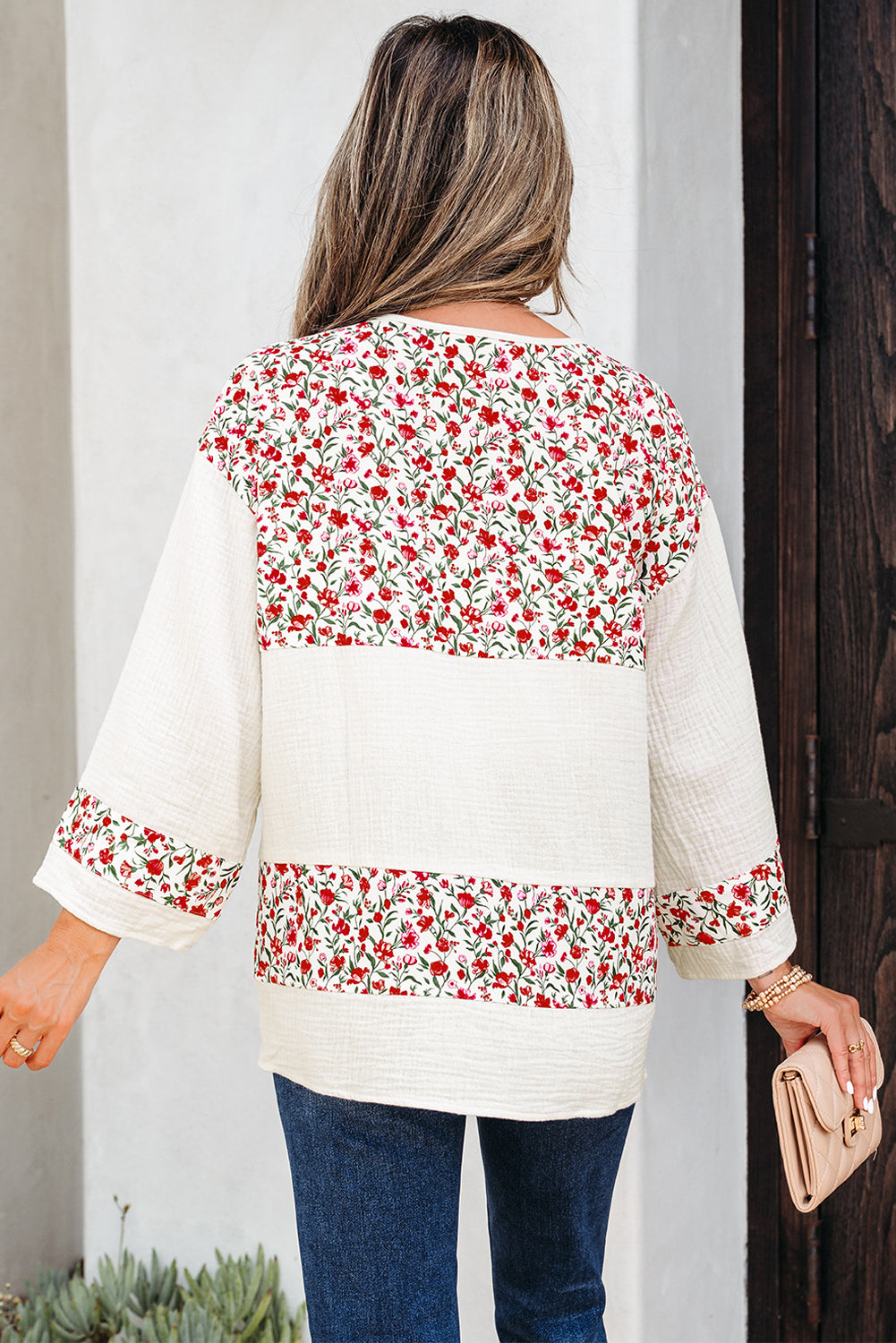 Sky Blue Floral Print Gauze Patchwork Henley Button 3/4 Sleeve Blouse
