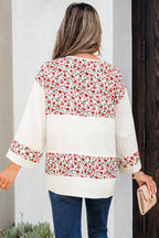 Sky Blue Floral Print Gauze Patchwork Henley Button 3/4 Sleeve Blouse