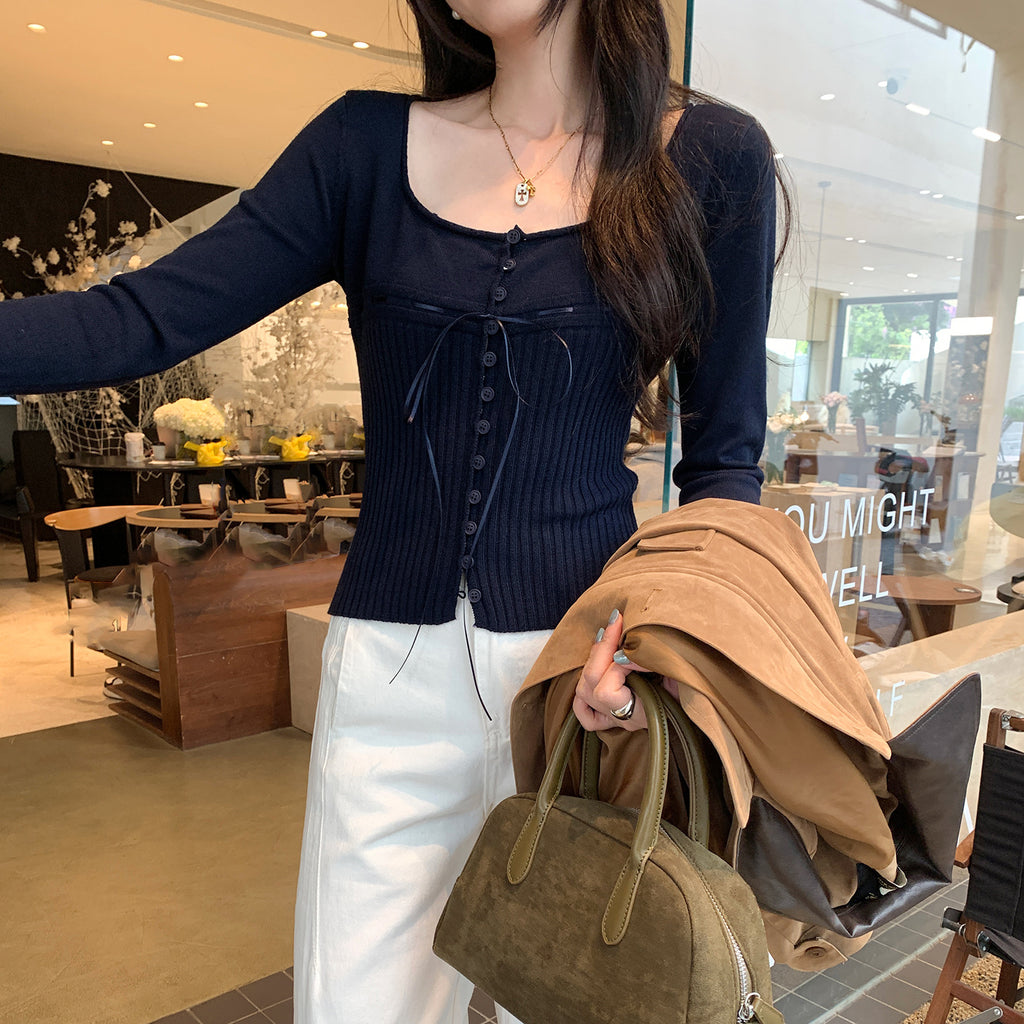waist inner layer knit top for women, slim fit, long sleeve, pure and sexy