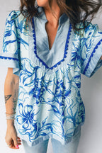 Sky Blue Ricrac Trim Slit V Neck Short Sleeve Floral Blouse