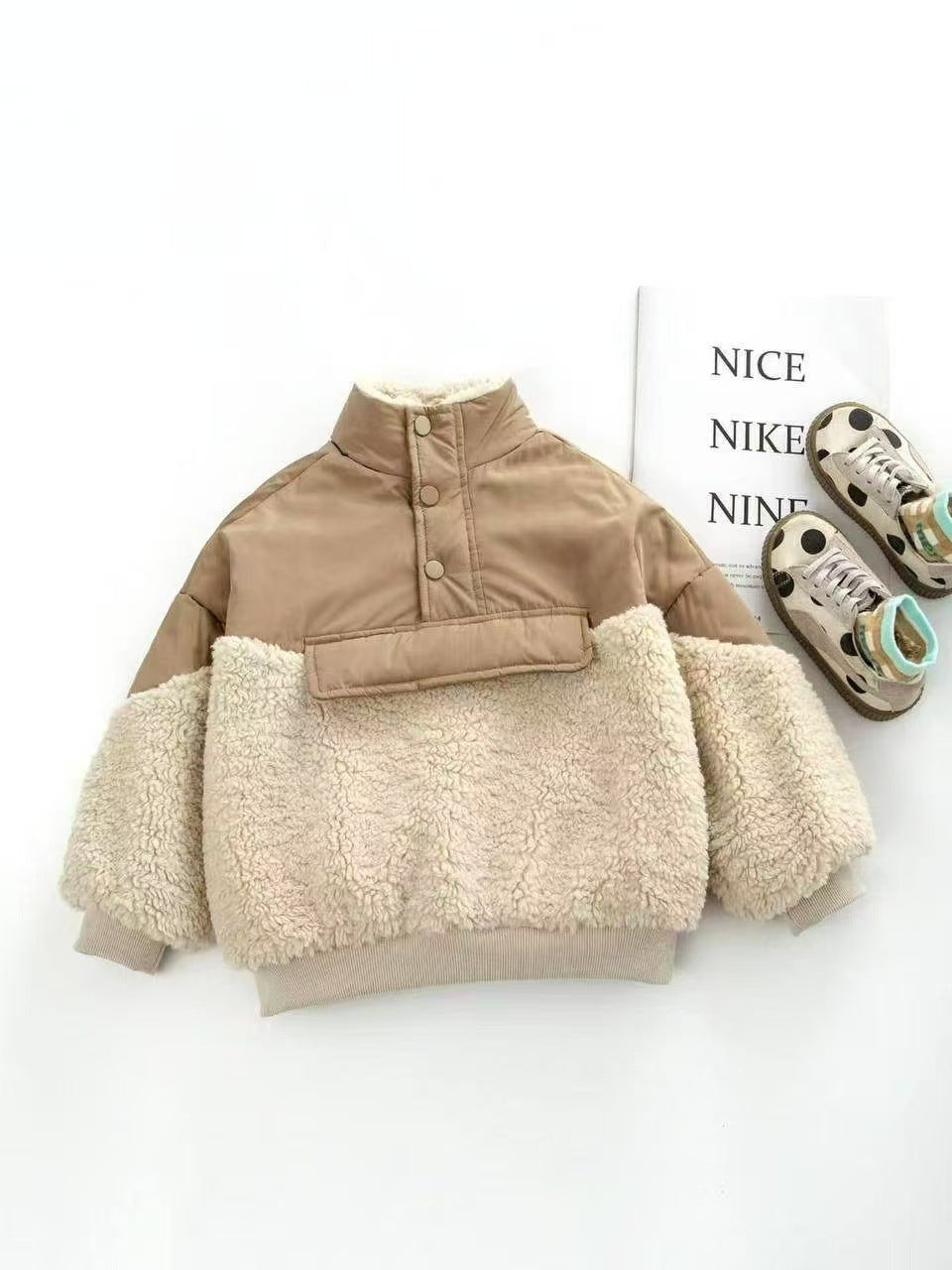 Kids Winter Sherpa Patchwork Fleece Jacket, Loose Fit Warm Hooded Coat for Baby Girls