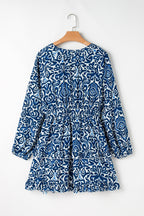 Blue Vintage Print Lace up V Neck Long Sleeve Mini Dress
