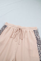 Light French Beige Leopard Print Ribbed Twist Long Sleeve Top Pants Plus Size Set