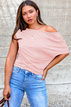 Burgundy Plus Size Solid Color Asymmetric Neck Short Sleeve Blouse