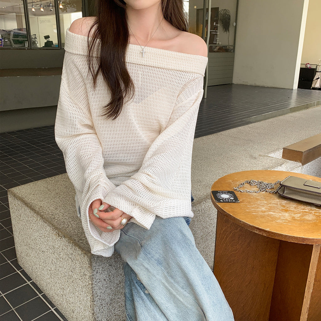 Soft Style Hollow Out Shoulder-Baring Long Sleeve Knit Top for Women, Loose and Slim Fit Casual Sweater