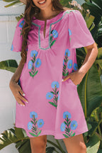 Blue Floral Short Sleeve Split Neck Loose Mini Dress