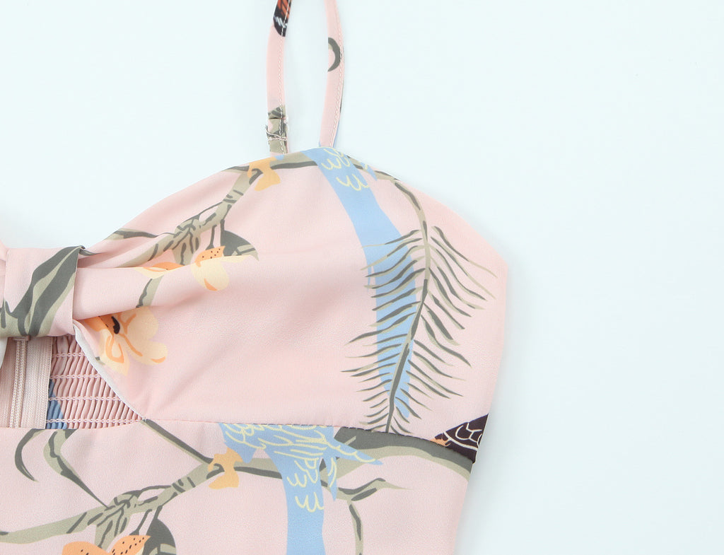 Floral print split suspender dress, long skirt