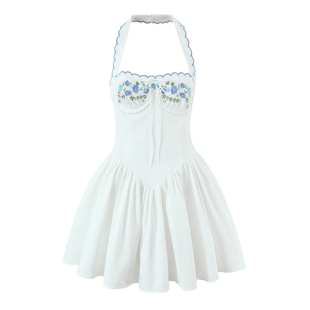 Embroidered neck hanging collar slim mini dress
