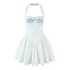 Embroidered neck hanging collar slim mini dress