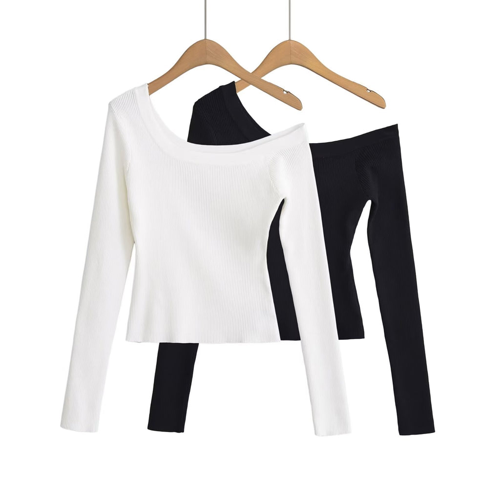 Slant shoulder off shoulder elastic slim fit sweater