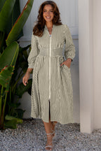 Green Stripe V Neck Zip Front Cinched High Waist Midi Dress