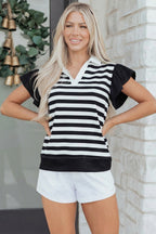Green Stripe Collar V Neck Ruffled Short Sleeve Blouse