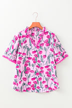 Pink Floral Lace Detail Frilled V Neck Summer Blouse