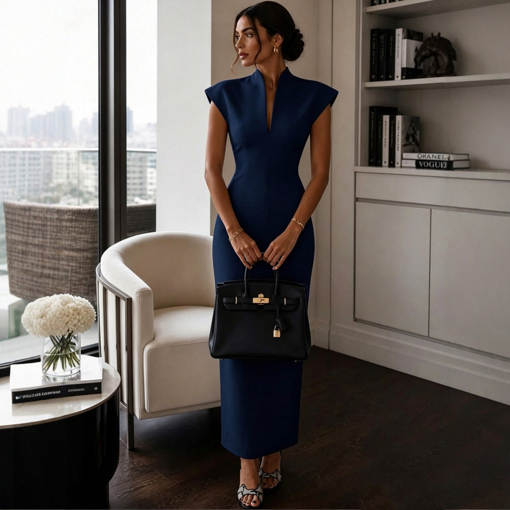 Stand-up Collar V-Neck Sleeveless Fitted Bodycon Dress Evening Gown