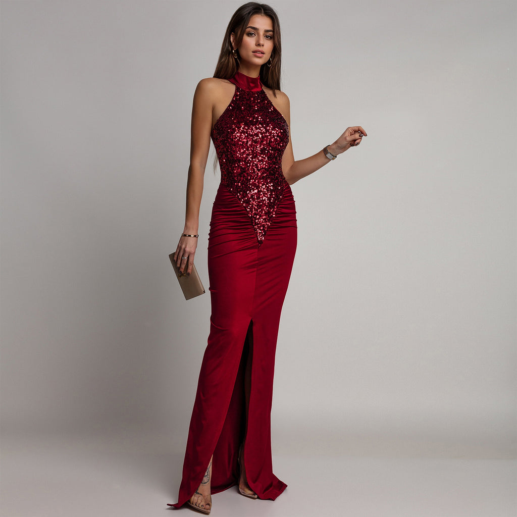 Fashion Women's Sexy Fitted Sequin Velvet Split Dress