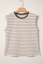 Brown Stripe Ribbed Round Neck Trim Loose Tank Top