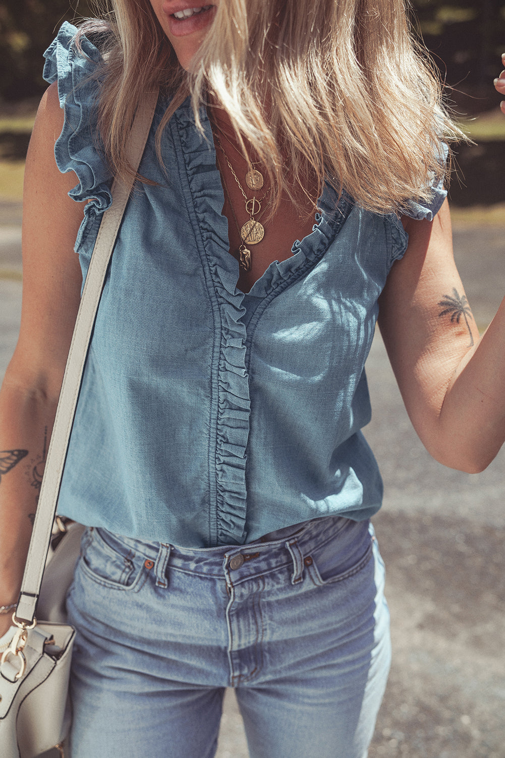 Beau Blue Frilly Ruffle Trim V Neck Chambray Tank Top
