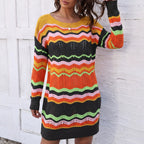 Lady's Dress Rainbow Pattern Woven Color-Blocked Stripe Pullover Knit Dress