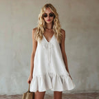 Vintage Vacation Style V-Neck Sleeveless Ruffle Loose Dress