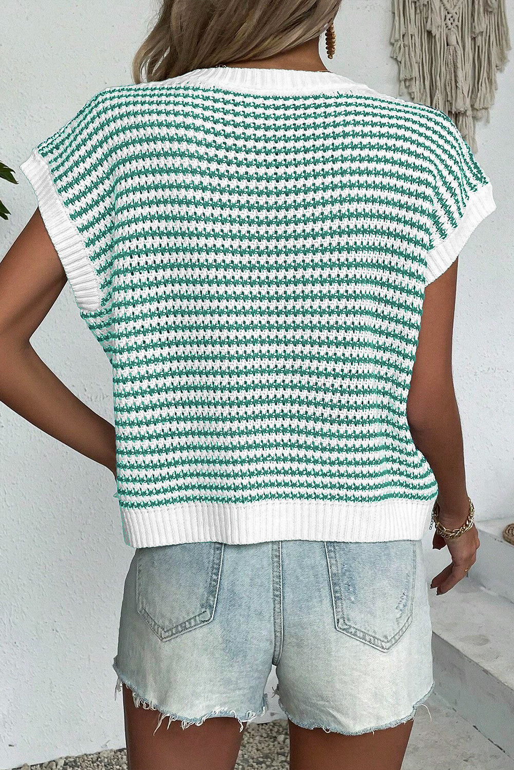 Green Stripe Ribbed Trim Loose Fit Knitted Sweater Vest