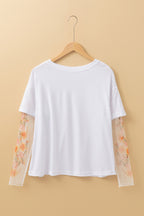 White Faux Two Piece Floral Long Sleeve Patchwork Tee