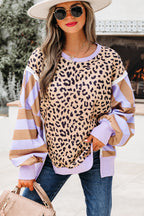 Khaki Stripe Color Block Patchwork Leopard Casual Sweatshirt with Slits