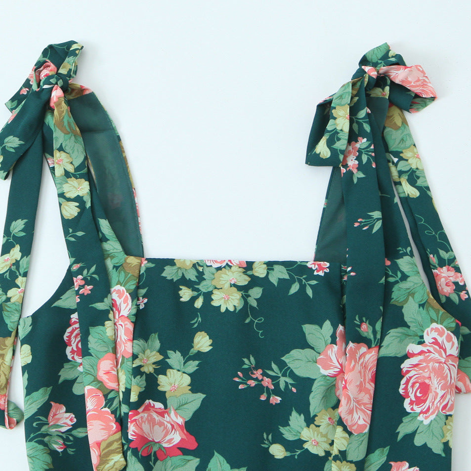 Style Floral Print Sleeveless Side Slit Tie Strap Back Strap Dress