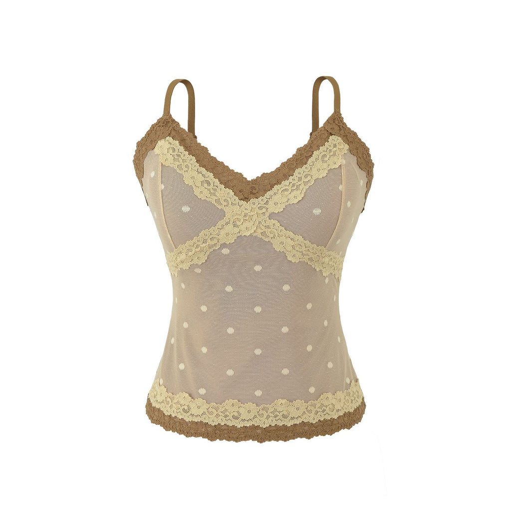 Polka Dot Lace Sleeveless Camisole Top with Built-in Pads