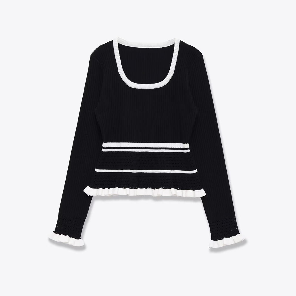 Slim fit U-neck casual patchwork ribbed knit sweater