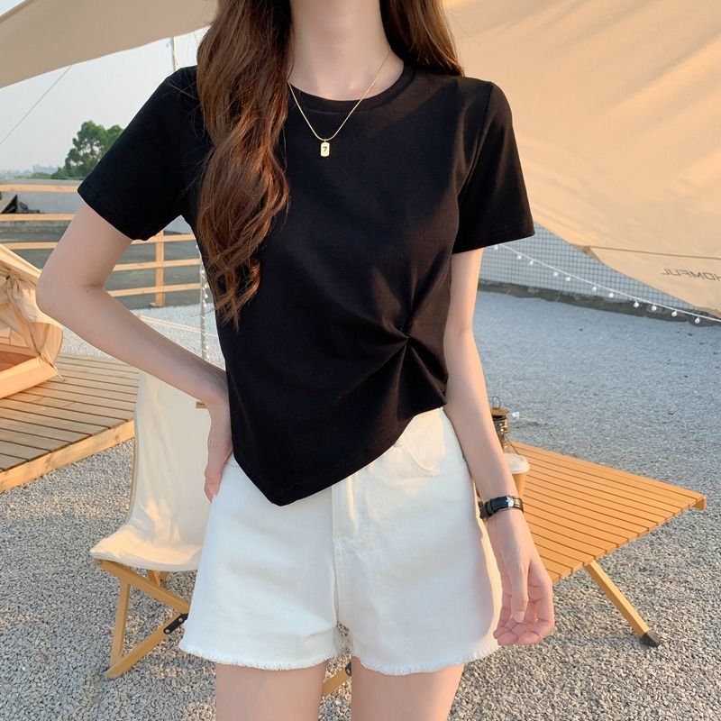 Summer scheming design sense niche half sleeved high waisted short top irregular short sleeved t-shirt for women