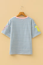 Sky Blue Stripe Sequin Easter Bunny Patched Drop Shoulder Tee