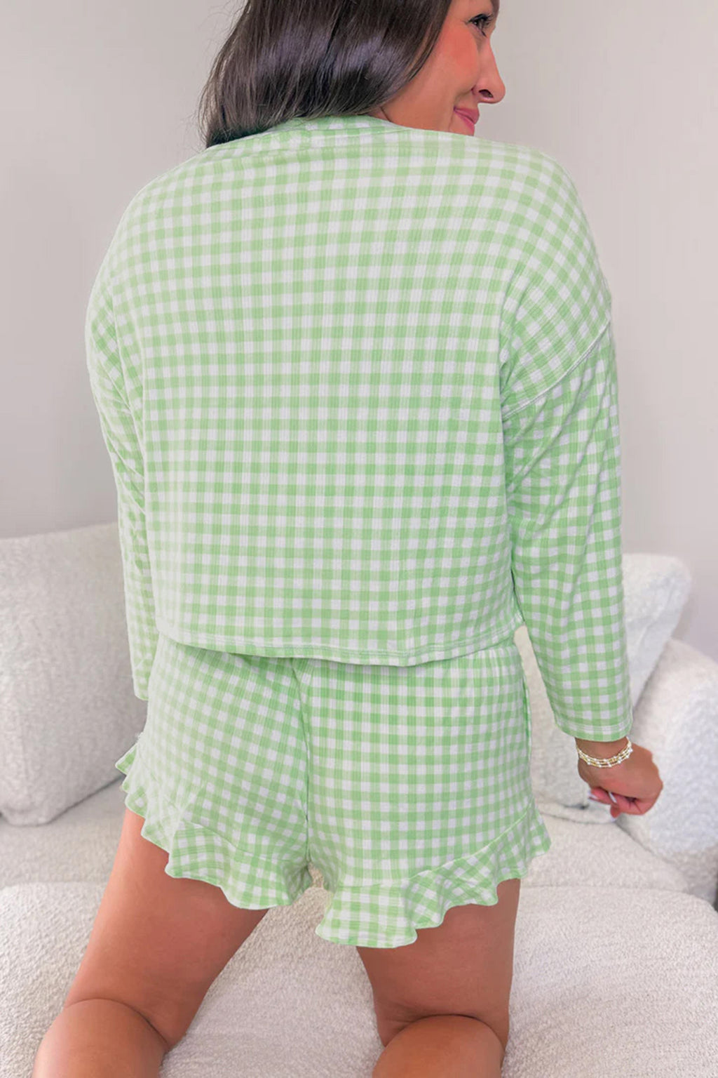 Green Gingham Long Sleeve Loose Top Drawstring Shorts 2pcs Lounge Set
