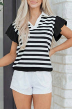 Green Stripe Collar V Neck Ruffled Short Sleeve Blouse