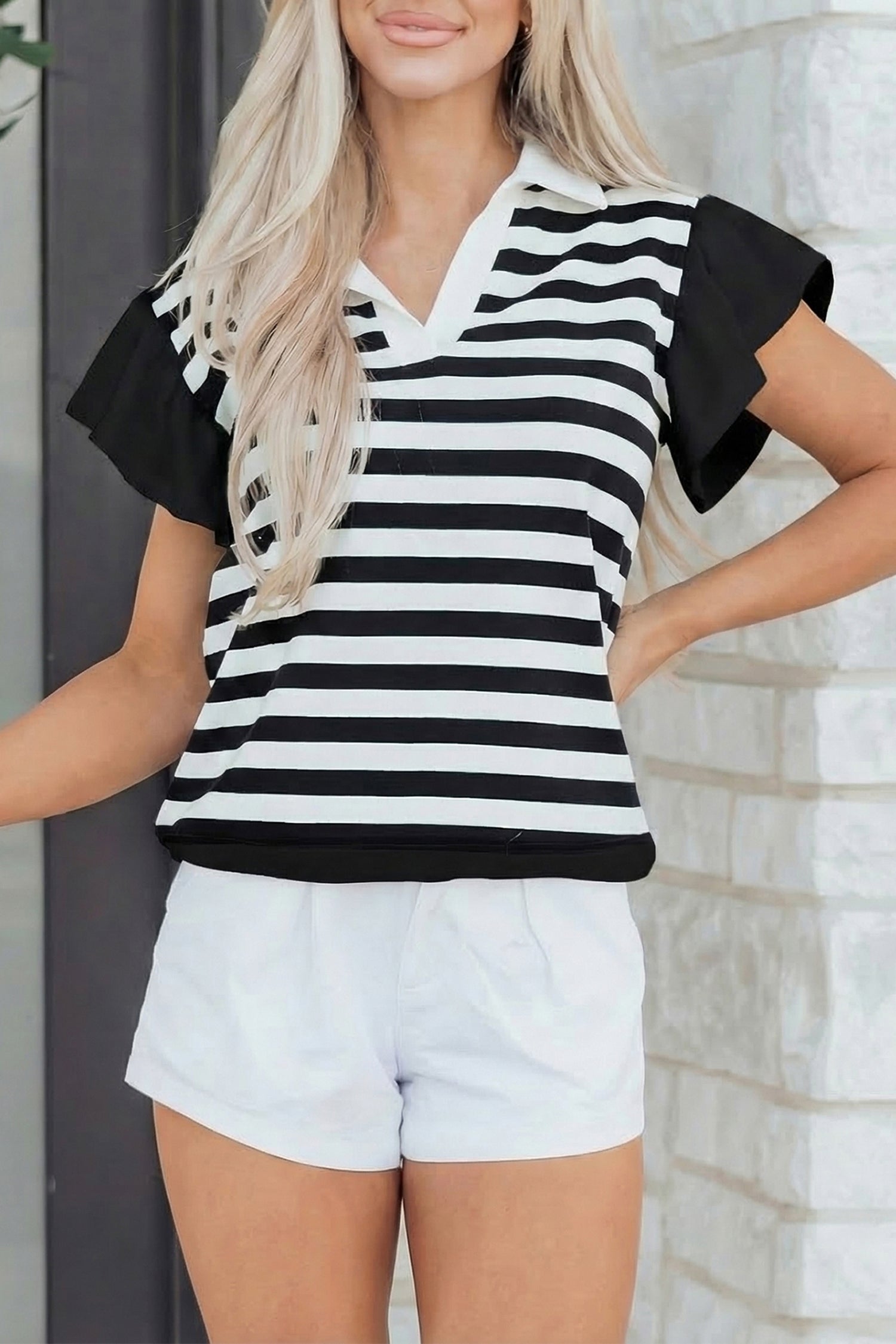 Green Stripe Collar V Neck Ruffled Short Sleeve Blouse