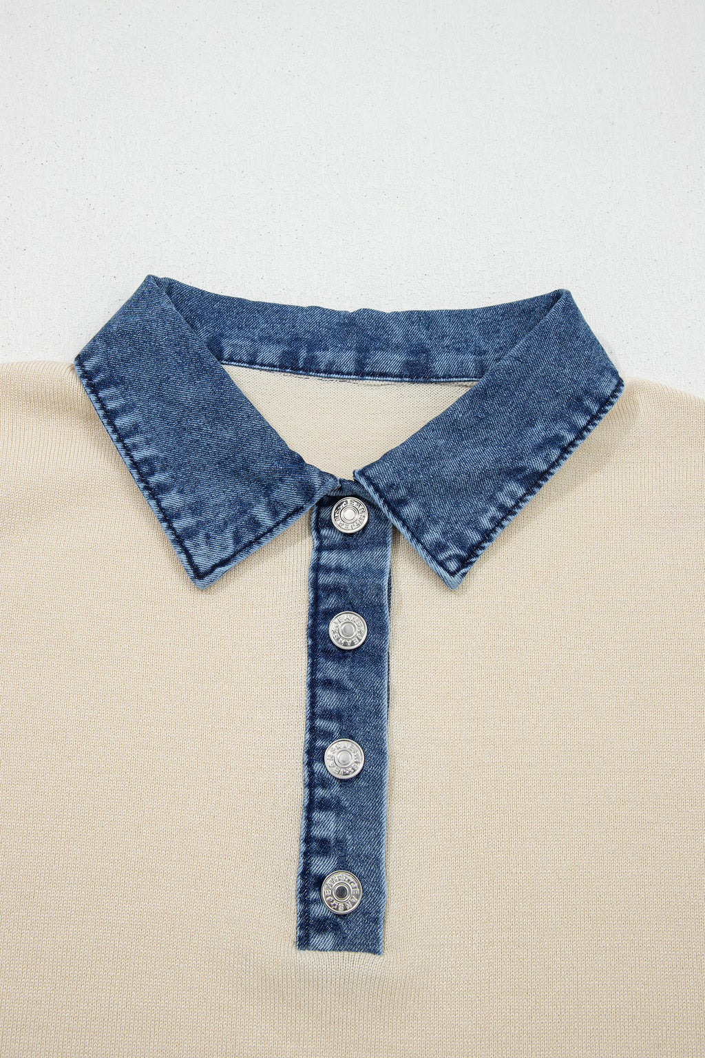 Jet Stream Short Sleeve Knit Denim Patchwork Polo Collar Sweater