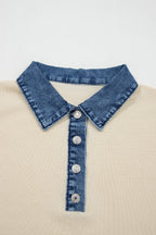 Jet Stream Short Sleeve Knit Denim Patchwork Polo Collar Sweater