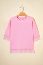 Pink Eyelash Floral Lace Patchwork Half Sleeve Oversize Tee