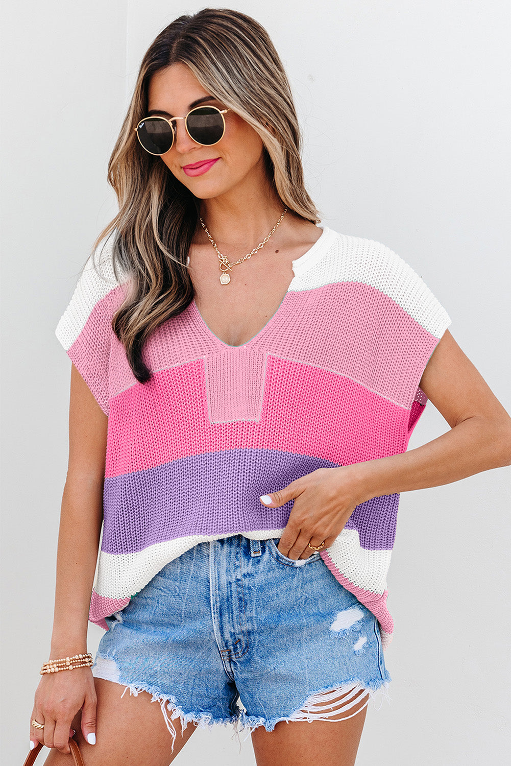 Light Blue Color Block Notch V Neck Sweater T Shirt